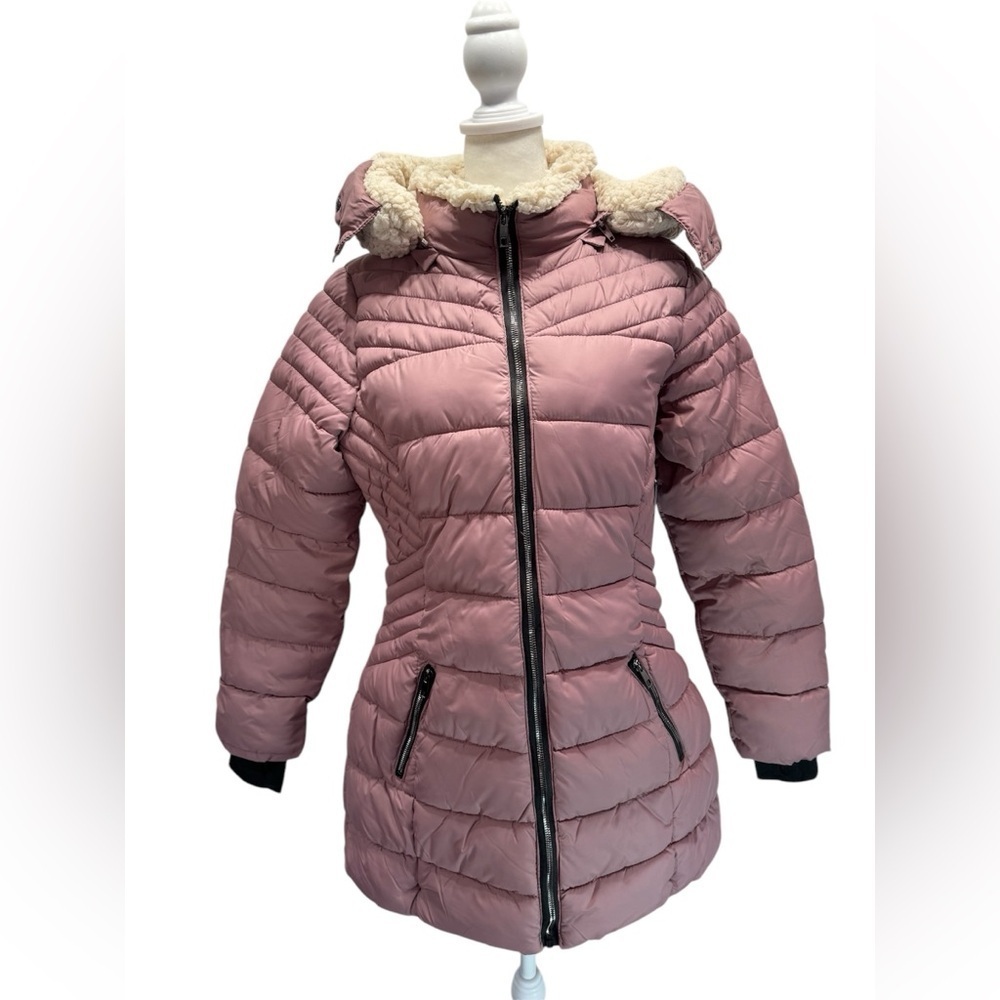 YMI Mauve Quilted Puffer Jacket with Removable Sherpa Trim Hood NEW